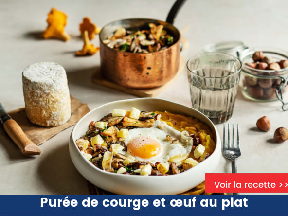 Purée de courge, champignons en persillade et œuf au plat